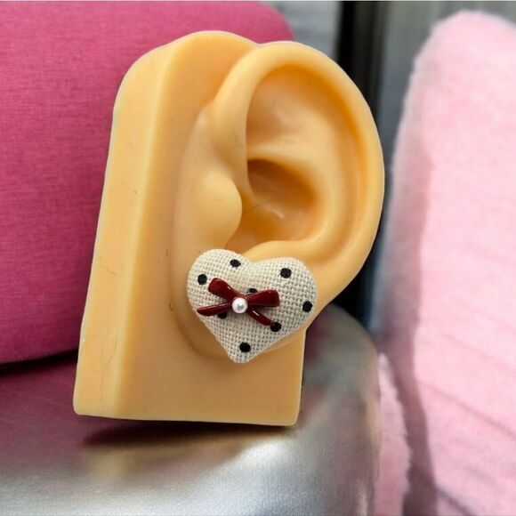 Polka-Dot Heart-Shaped Earrings Red Bow Puffed Fabric Retro Women's Jewelry New - Picture 7 of 8